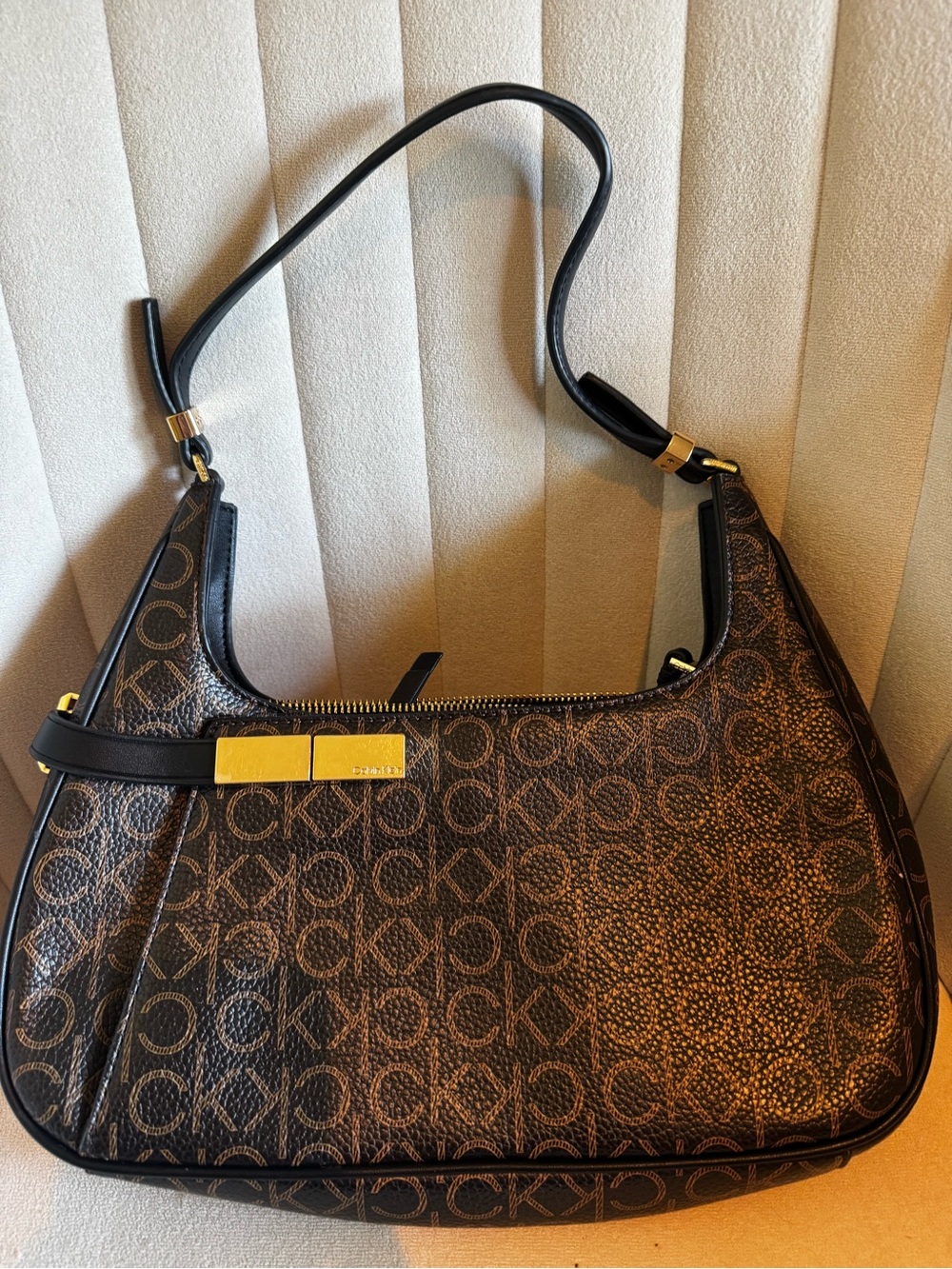 Calvin Klein Brown Monogram Crescent Shoulder Bag with Gold Accents